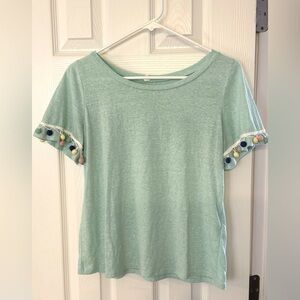 Women's Top Size Small Light Blue Short Sleeve with Multicolored Pom-pom Trim